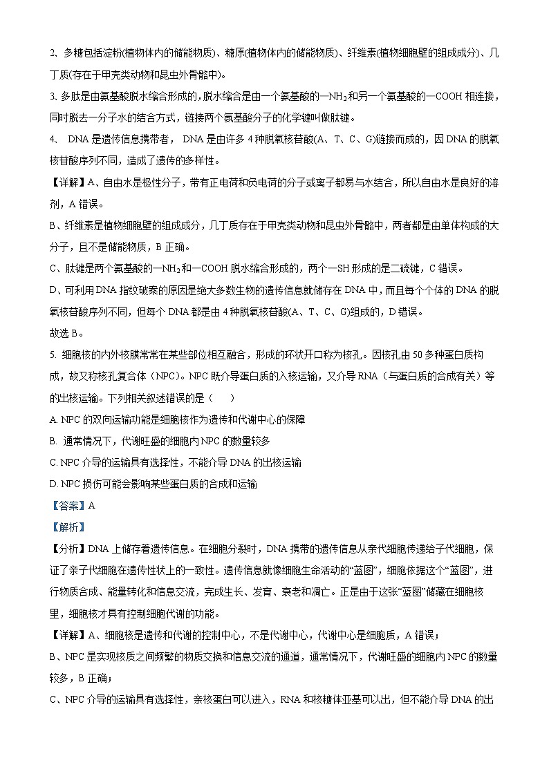 2022-2023学年皖豫名校联盟高一上阶段性测试(二)生物试题（解析版）03