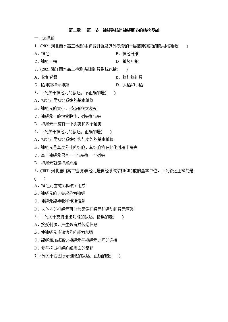 2.1 神经系统是神经调节的结构基础（备作业）-【上好课】2021-2022学年高二生物同步备课系列（浙科版2019选择性必修1）（原卷版）第1页