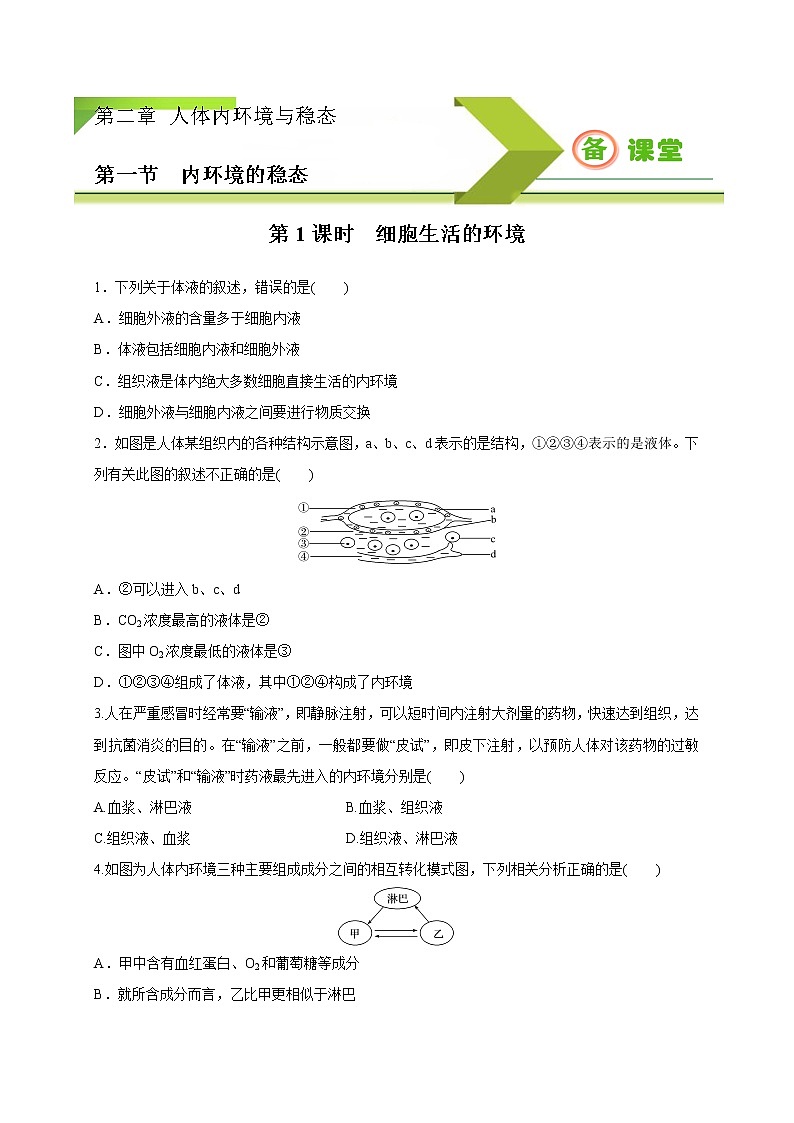 2.1.1 细胞生活在内环境及稳态的反馈调节（备作业）精编高二生物同步备课系列（新苏教版（2020）选择性必修1）（原卷版）第1页
