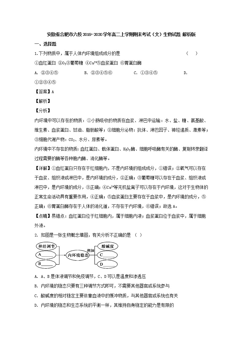 2019-2020学年安徽省合肥市六校高二上学期期末考试（文）生物试题 解析版01