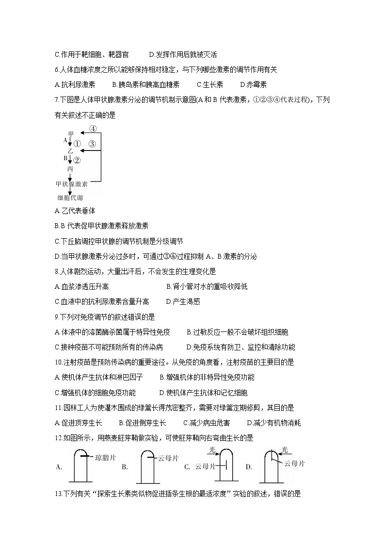 2020-2021学年湖南省郴州市高二上学期期末考试 生物（合格考） word版02
