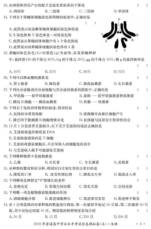 2019-2020学年湖南省高二学业水平考试信息模拟（五）生物试题 PDF版第3页
