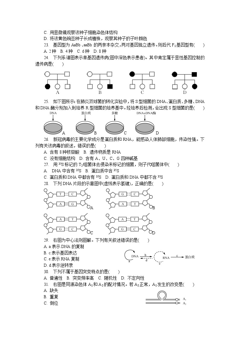 2020-2021学年江苏省盐城市高二学业水平合格性考试模拟卷（一）（12月） 生物 word版03