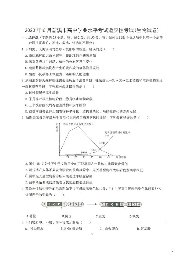 2019-2020学年浙江省慈溪市6月高中学业水平模拟考试生物试题  PDF版01