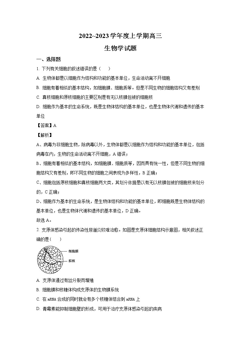 抚顺市第一中学2023届高三生物上学期1月限时训练（1）试卷（Word版附解析）第1页