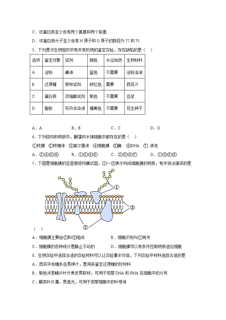 西安市铁一中学2022-2023学年高一生物上学期1月期末考试试卷（Word版附答案）02