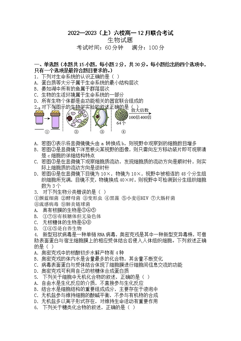 辽宁省丹东市六校2022-2023学年高一生物上学期12月联考试卷（Word版附答案）01
