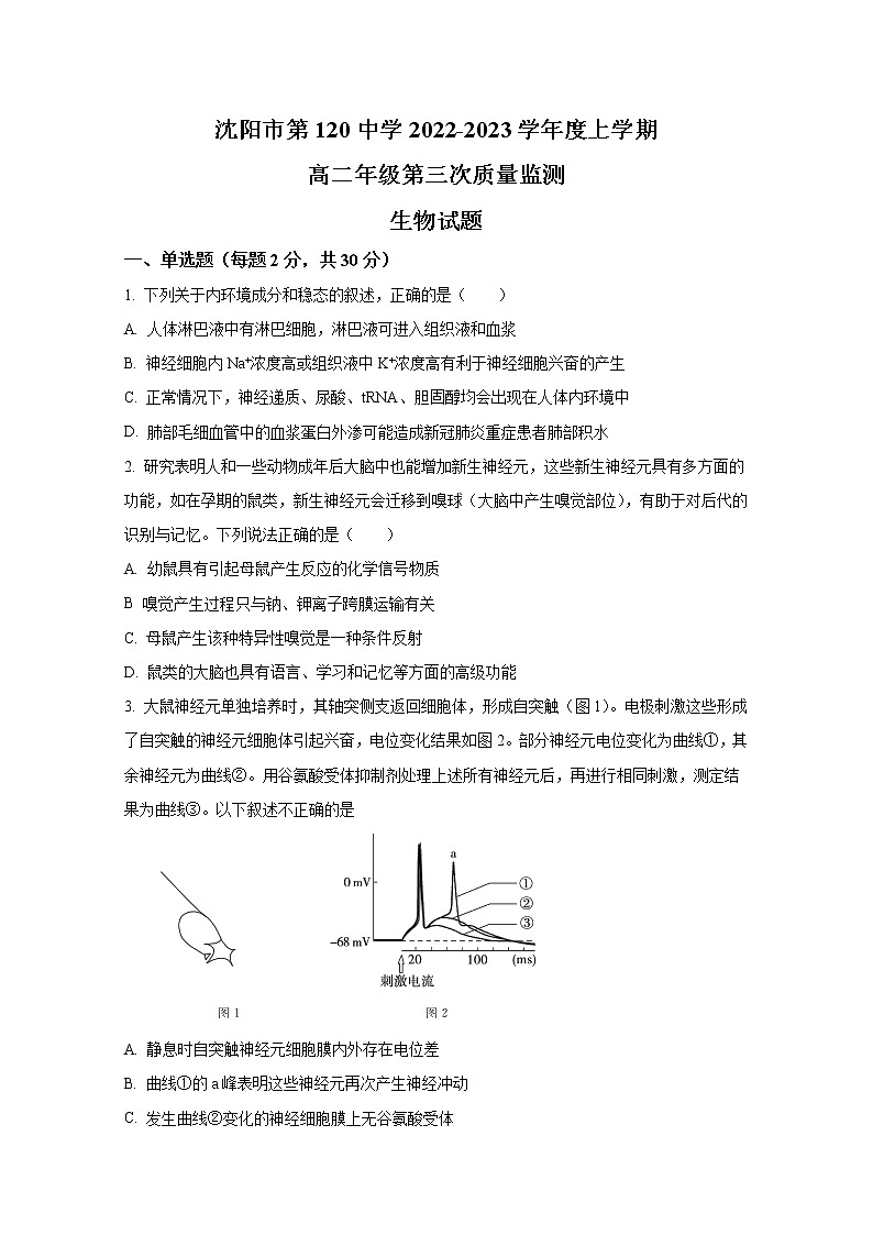 沈阳市第一二0中学2022-2023学年高二生物上学期第三次质量监测试卷（Word版附答案）01