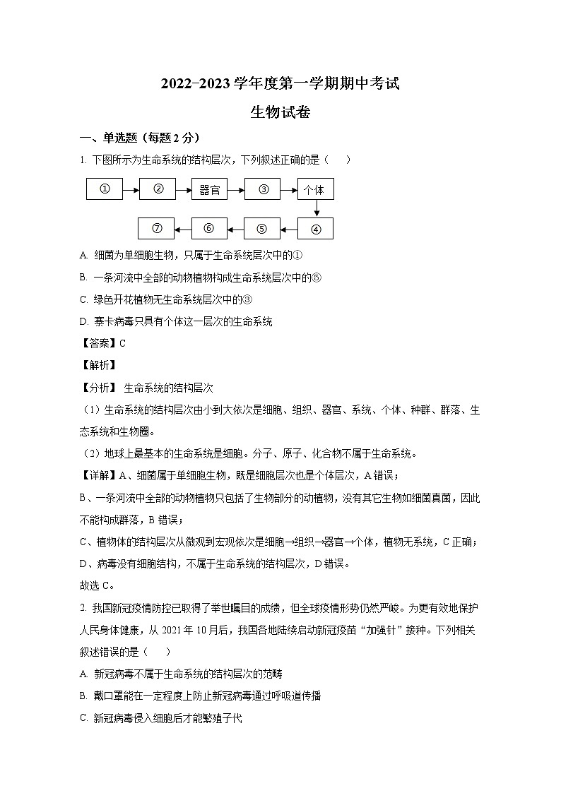 山东省淄博市沂源县第二中学2022-2023学年高一生物上学期期中考试试题（Word版附解析）01