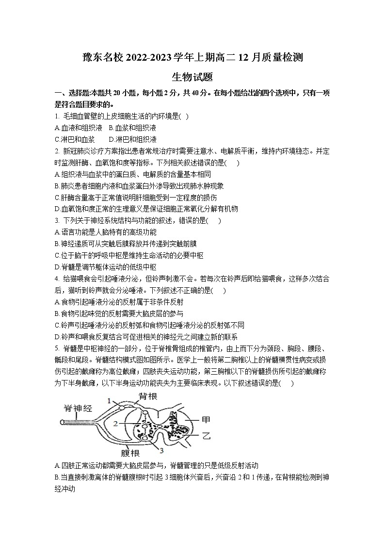 豫东2022-2023学年高二生物上学期12月质量检测试卷（Word版附解析）第1页