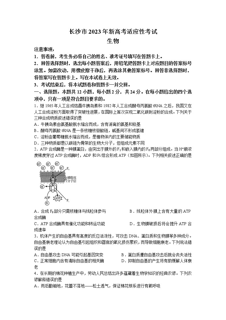 2023长沙高三上学期新高考适应性考试生物试卷含答案01