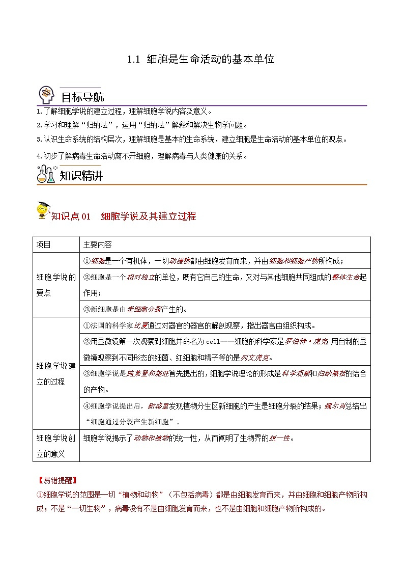 1.1 细胞是生命活动的基本单位（学生版）-高一生物同步精品讲义（人教2019必修1）第1页