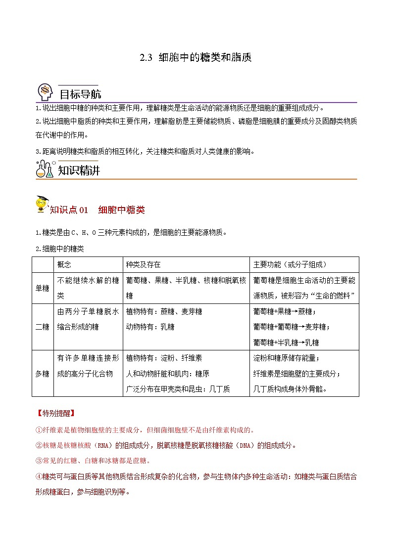 2.3 细胞中的糖类和脂质（学生版）-高一生物同步精品讲义（人教2019必修1）01