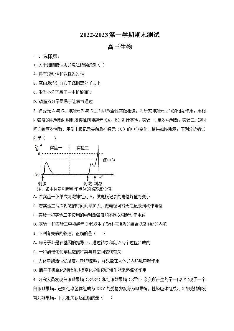 山东省青岛第二中学2023届高三上学期1月期末考试生物试题第1页
