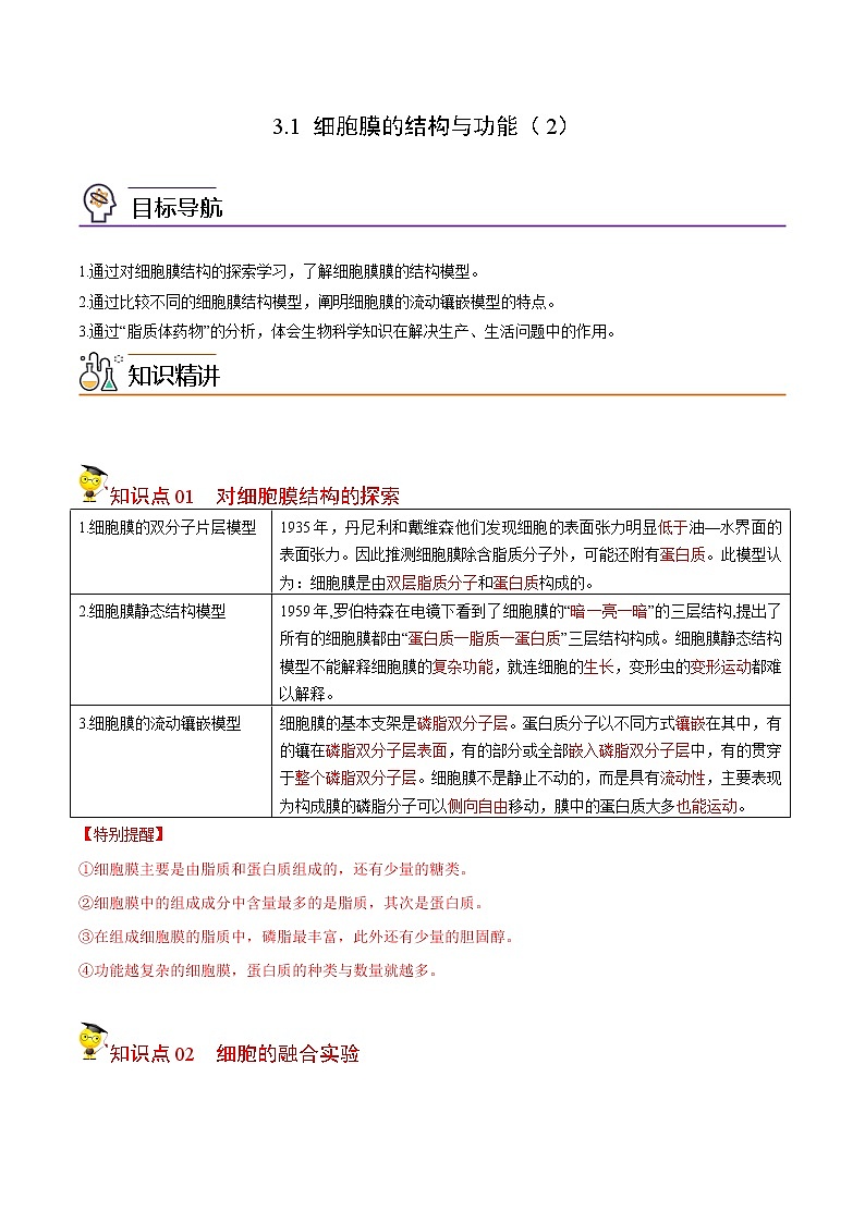 3.1 细胞膜的结构与功能（第2课时）（教师版）-高一生物同步精品讲义（人教2019必修1）01