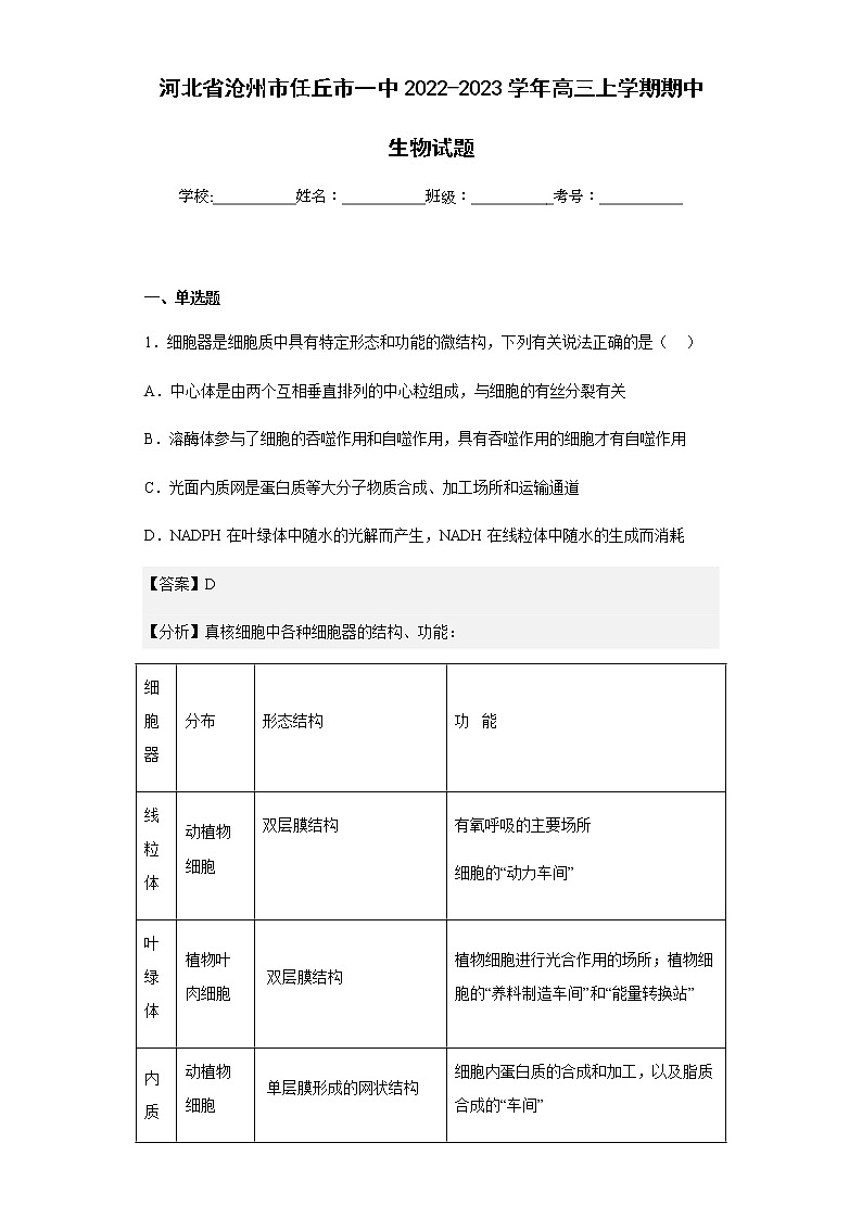 2022-2023学年河北省沧州市任丘市一中高三上学期期中生物试题-含解析01