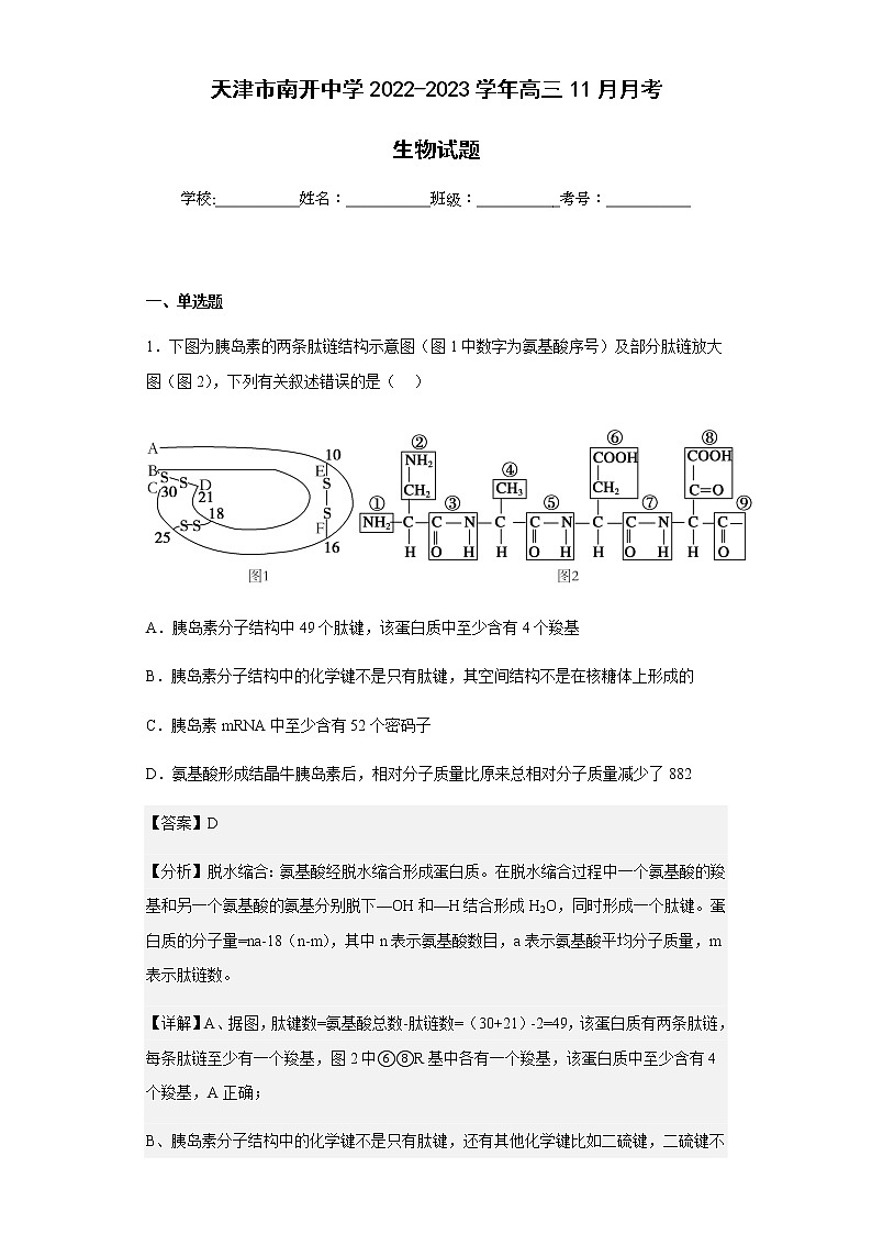 2022-2023学年天津市南开中学高三11月月考生物试题含解析01