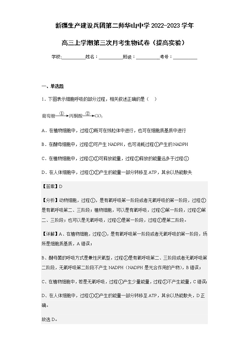 2022-2023学年新疆生产建设兵团第二师华山中学高三上学期第三次月考生物试卷（提高实验）含解析01