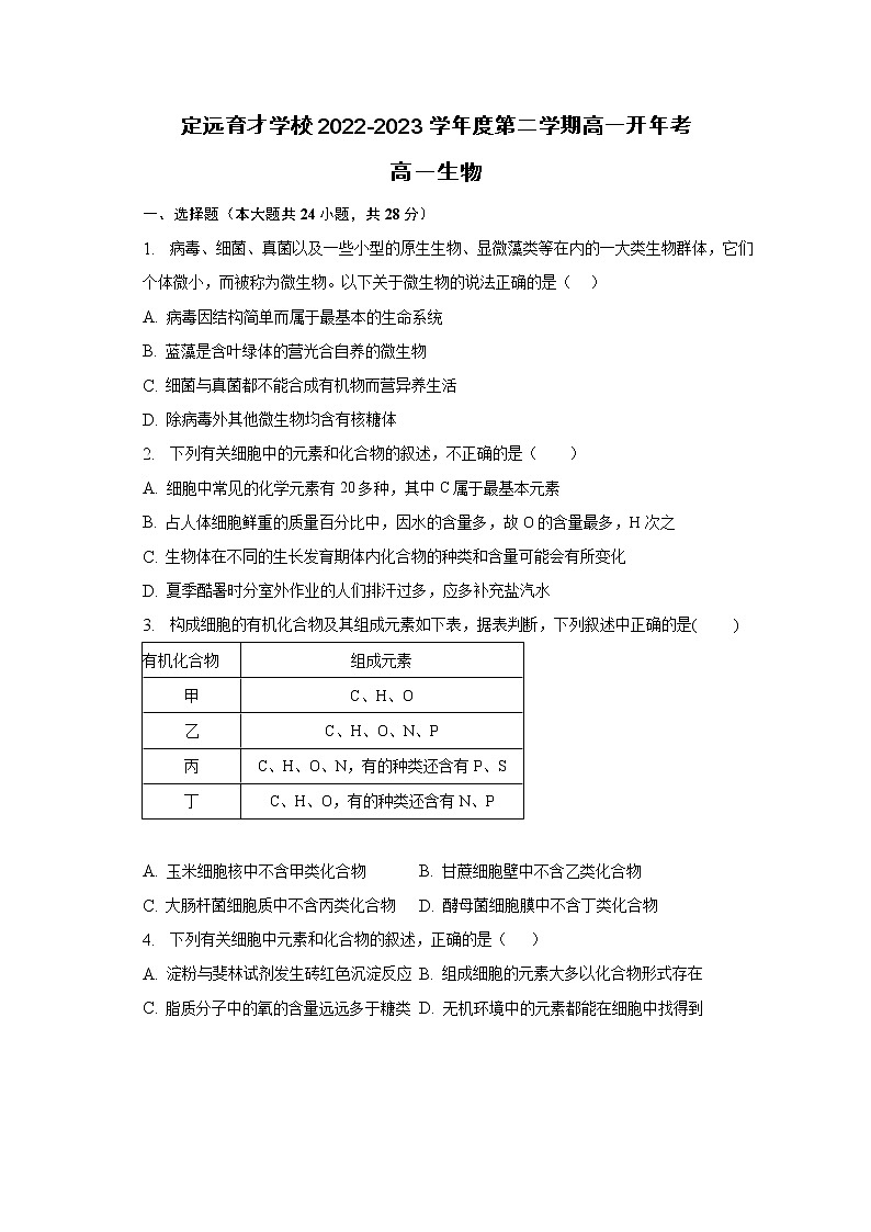 安徽省滁州市定远县育才学校2022—2023学年高一下学期开学考试生物试题01