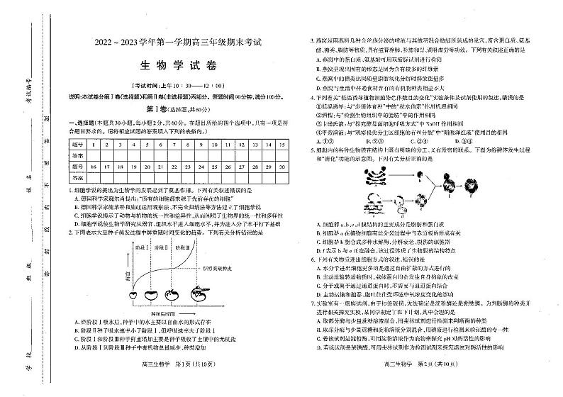 太原市2022-2023上学期期末高三生物试卷第1页