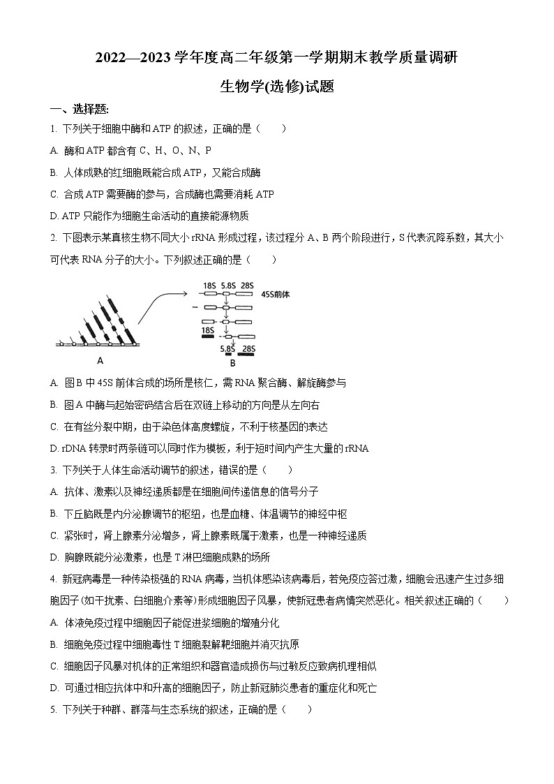 2023南通如皋高二上学期期末考试生物含答案01