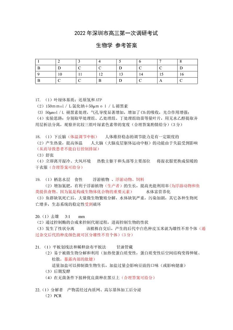 2022届广东省深圳市高三第一次调研考试（一模）生物【答案】01