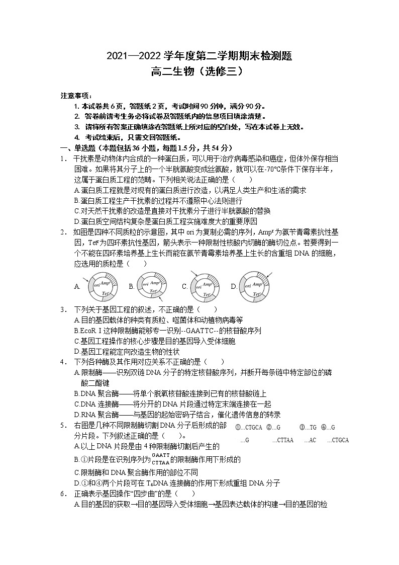 2021-2022学年陕西省宝鸡市金台区高二下学期期末检测生物试题 （Word版）01