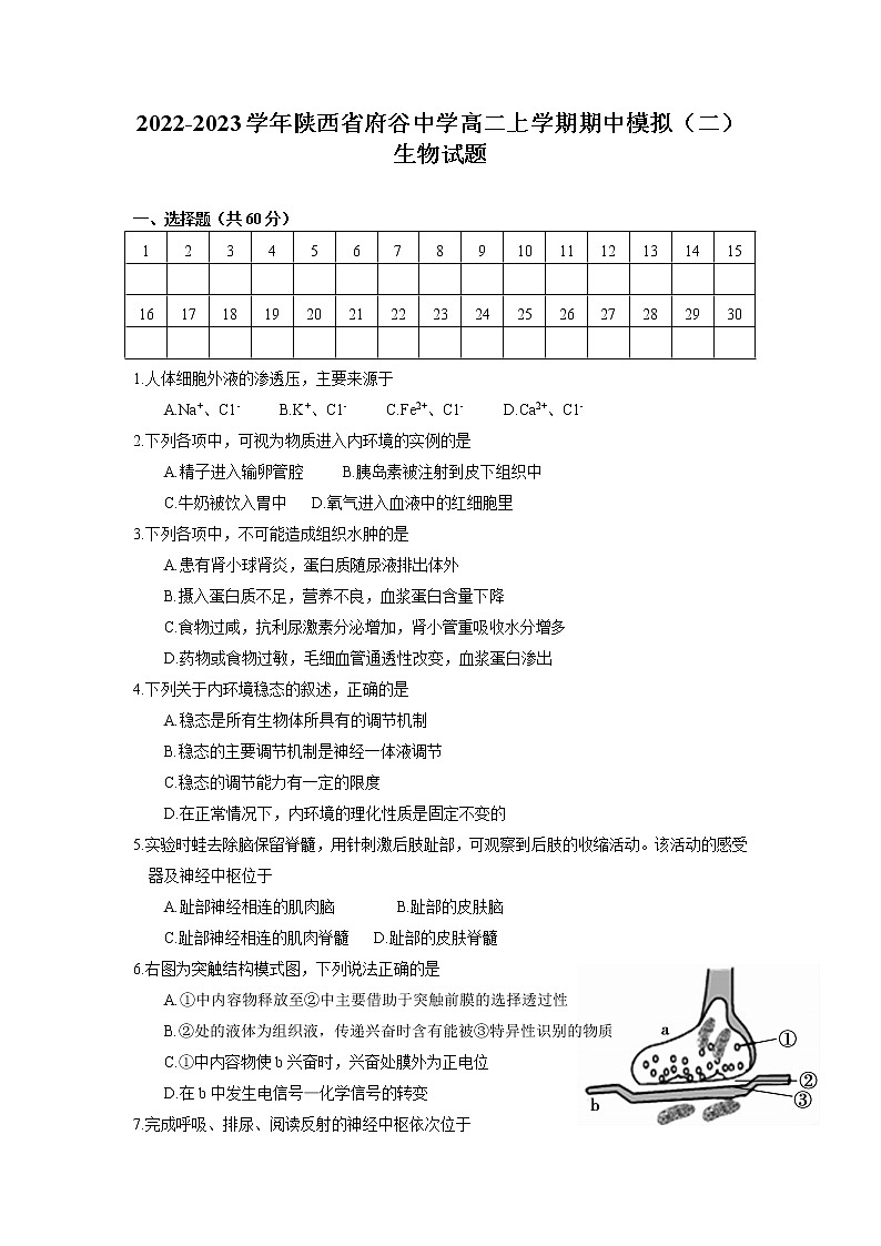 2022-2023学年陕西省府谷中学高二上学期期中模拟（二）生物试题 （Word版）01