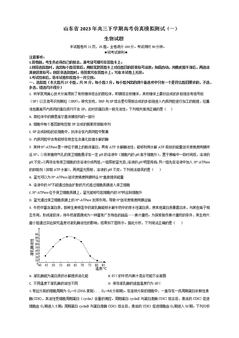 2023届山东省高三下学期高考仿真模拟测试（一）生物学试题（word版）第1页