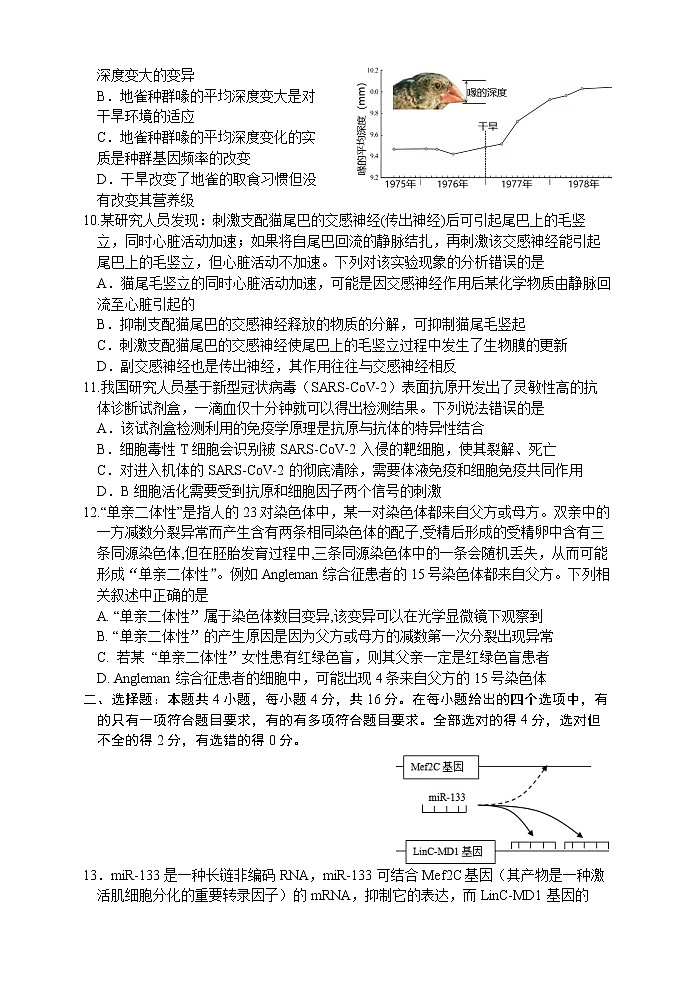 2022-2023学年湖南省常德市高三上学期检测考试生物试题 word版03
