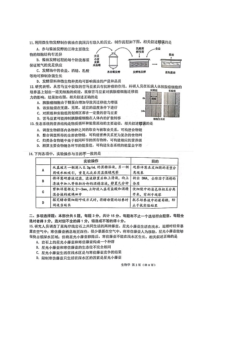 江苏省新高考2023届高三上学期第三次大联考生物试卷（图片版）第3页