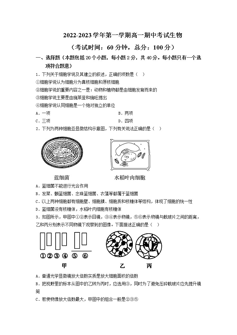 2022_2023学年山西省大同市第一中学高一上学期期中考试生物试卷01