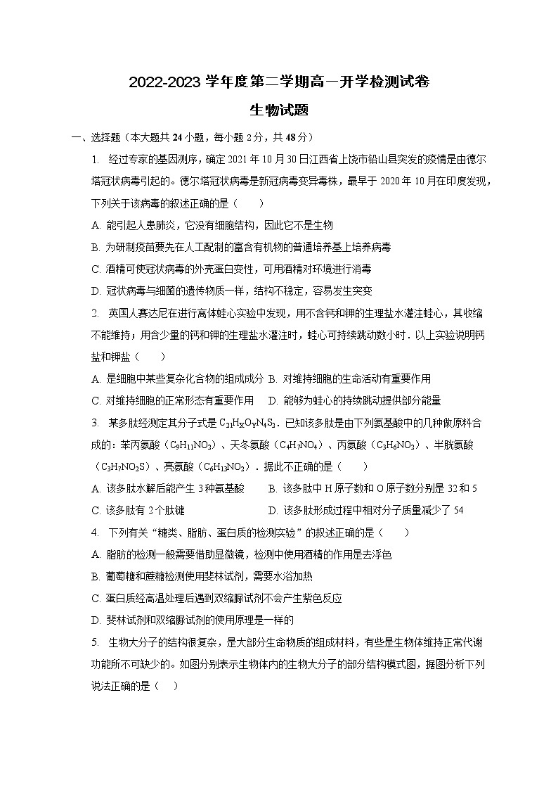 2022-2023学年安徽省定远县民族中学高一下学期开学考试生物试题01