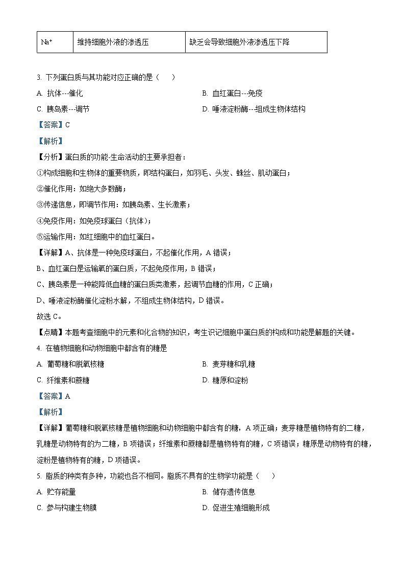 2022-2023学年江苏省南京市五中高一上学期学情自测生物试题（解析版）第2页