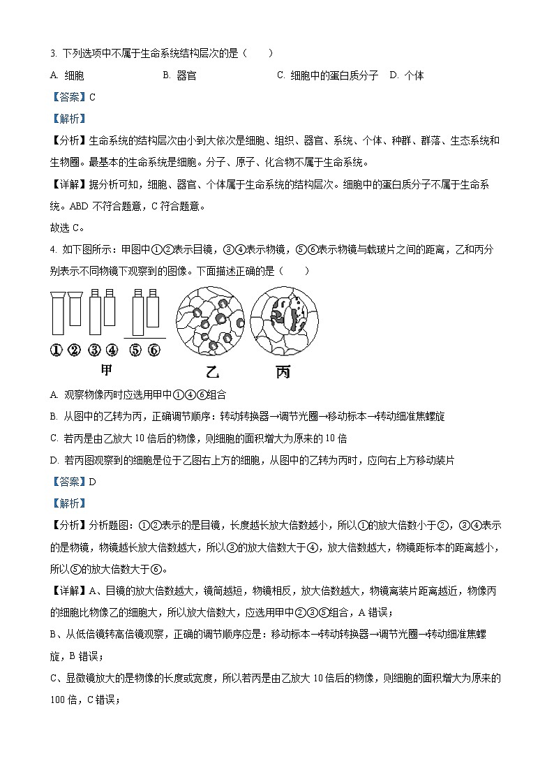 2022-2023学年江西省景德镇市高一上学期中生物试题（解析版）02