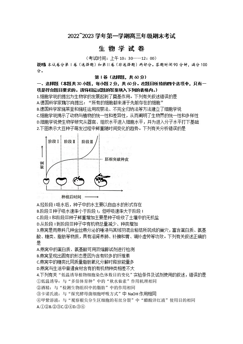 山西省太原市2022-2023学年高三上学期期末测试生物试题第1页