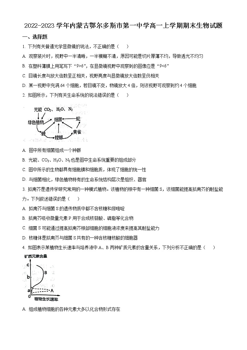 2022-2023学年内蒙古鄂尔多斯市第一中学高一上学期期末生物试题第1页