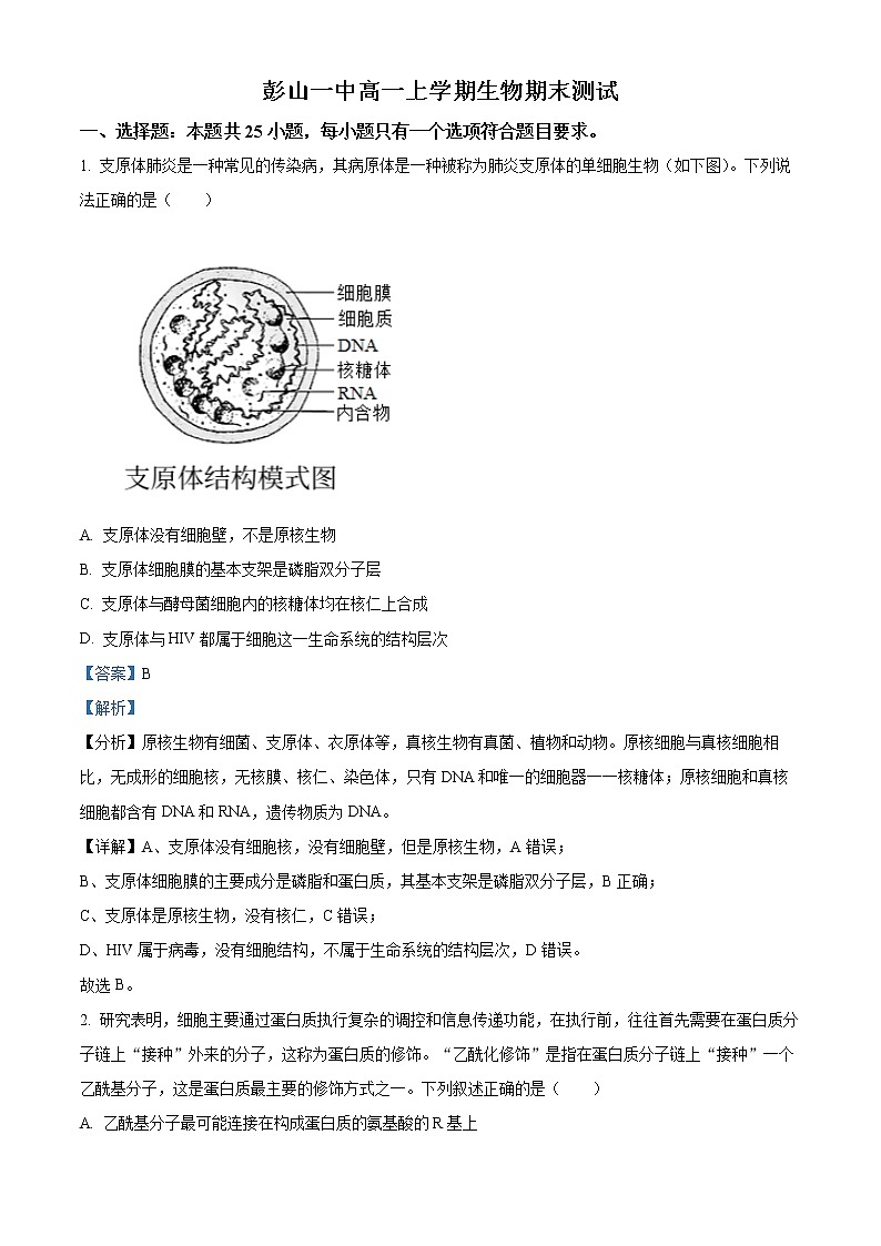2022-2023学年四川省眉山市彭山区一中高一上学期期末生物试题（解析版）01
