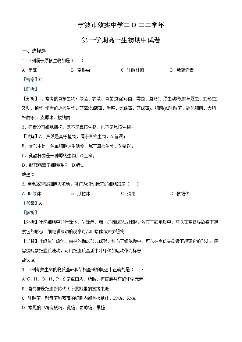2022-2023学年浙江省宁波市效实中学高一上学期期中考试 生物第1页