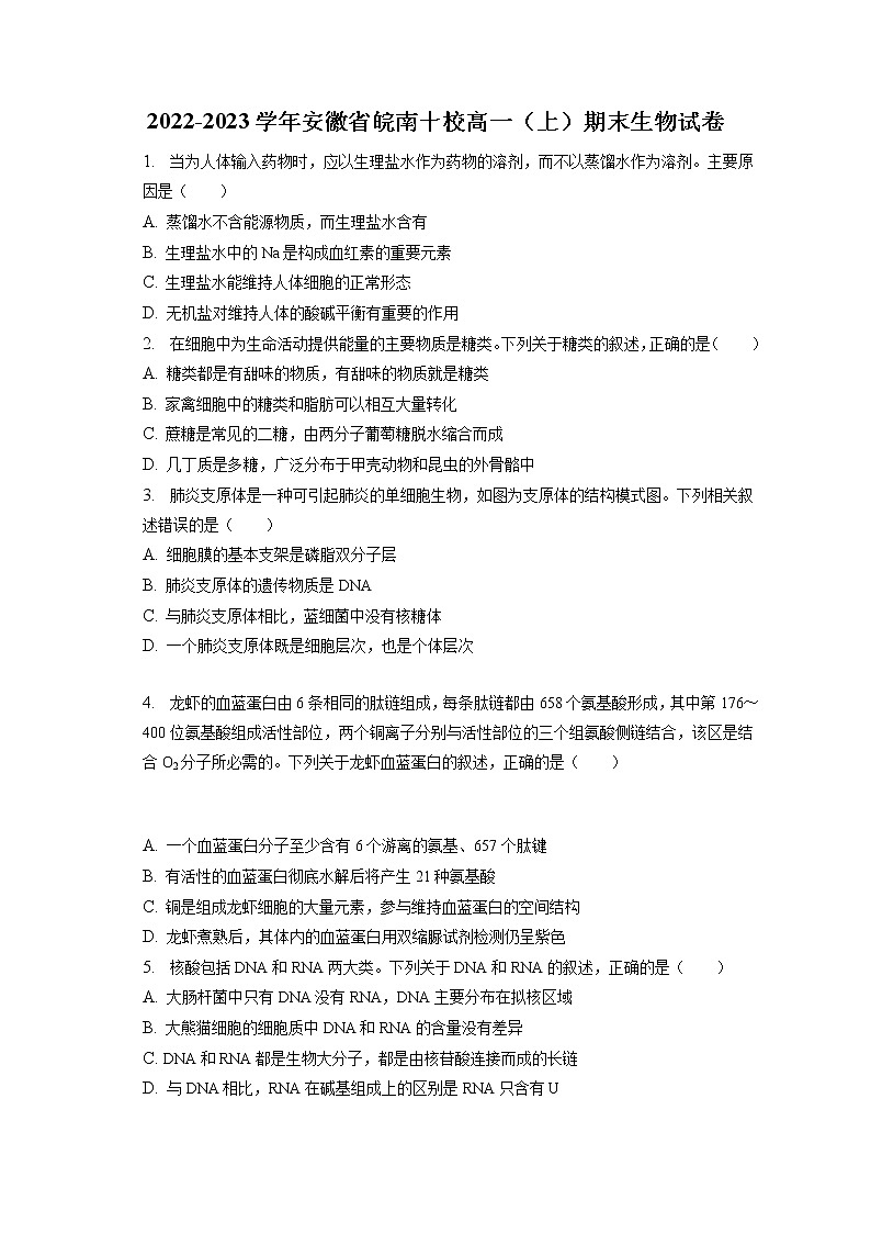 2022-2023学年安徽省皖南十校高一（上）期末生物试卷（含答案解析）01