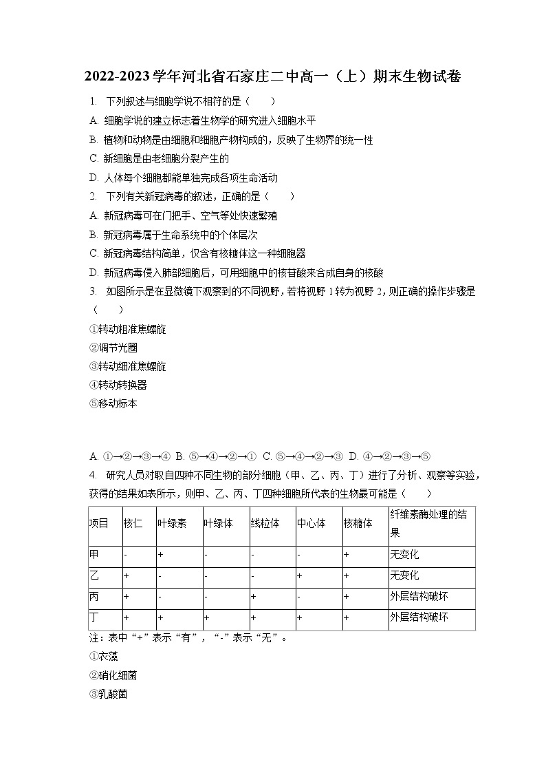2022-2023学年河北省石家庄二中高一（上）期末生物试卷（含答案解析）01