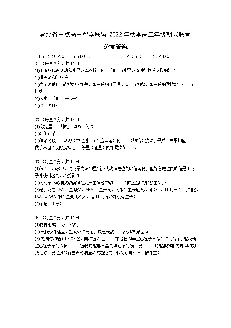 湖北省重点高中智学联盟2022-2023学年高二上学期期末考试生物答案第1页