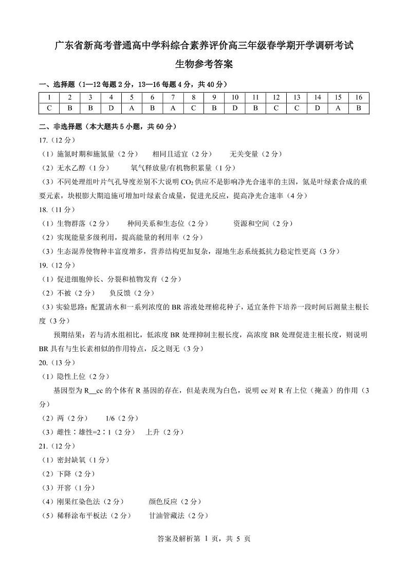广东省新高考普通高中学科综合素养评价2022-2023学年高三下学期开学调研考试生物答案第1页