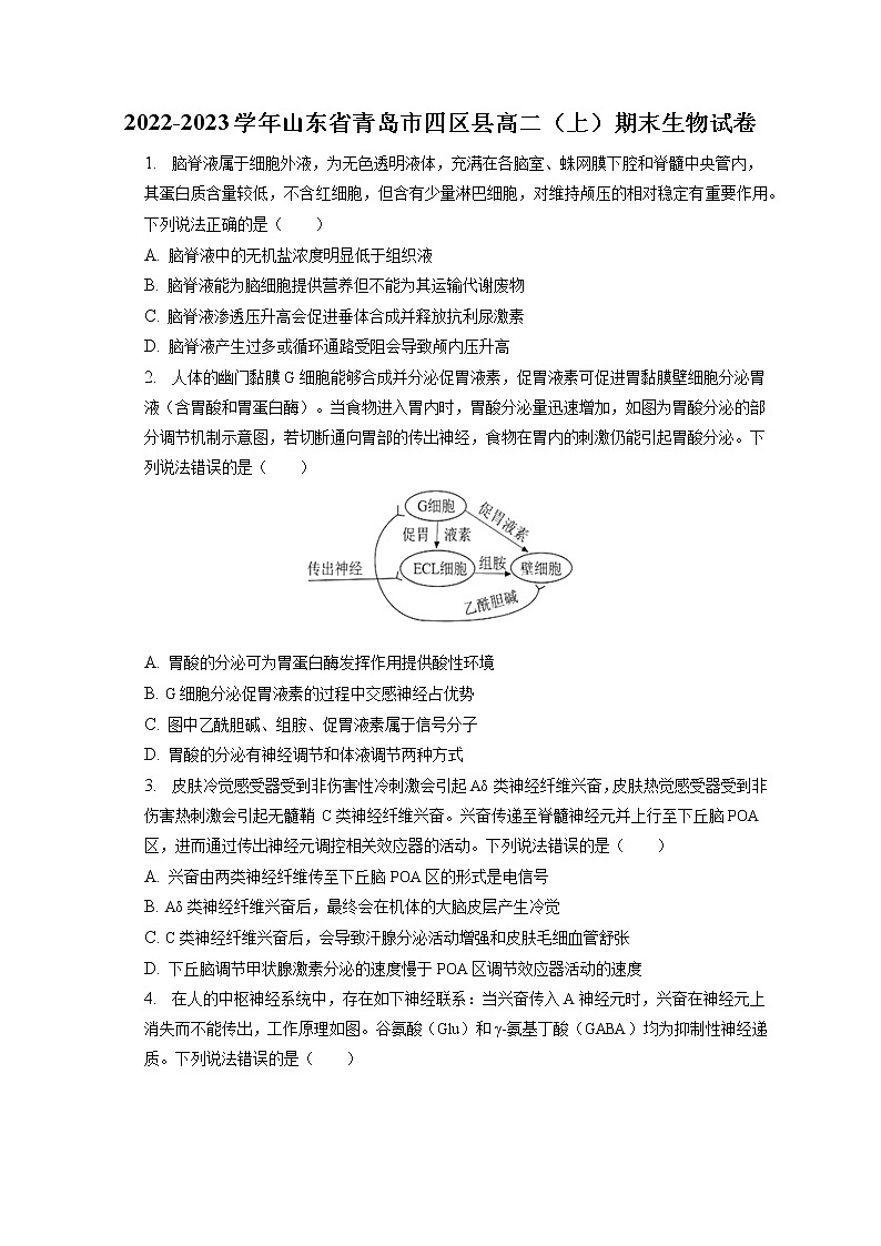 2022-2023学年山东省青岛市四区县高二（上）期末生物试卷(含答案解析)01