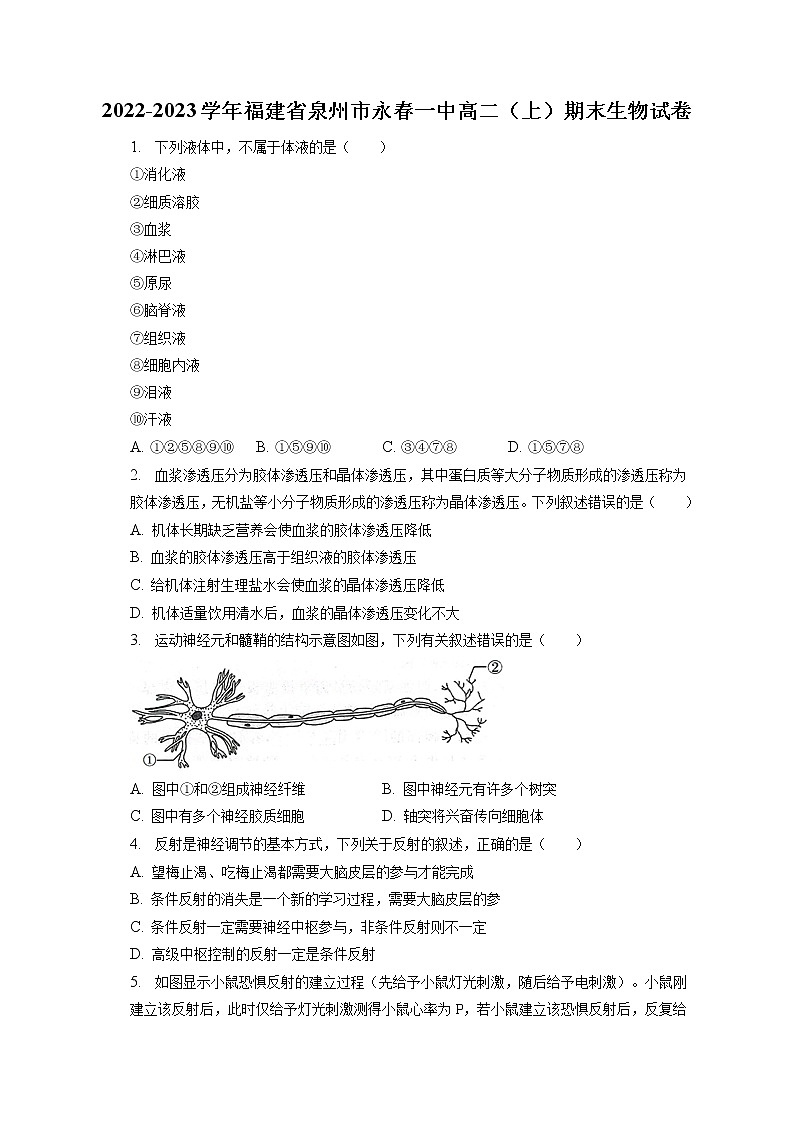 2022-2023学年福建省泉州市永春一中高二（上）期末生物试卷（含答案解析）01