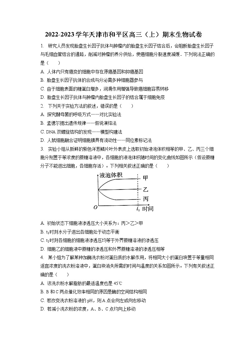 2022-2023学年天津市和平区高三（上）期末生物试卷（含答案解析）第1页