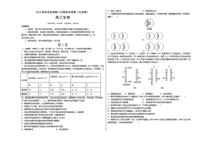 2023年高考第一次模拟考试卷：生物（北京A卷）（考试版）01