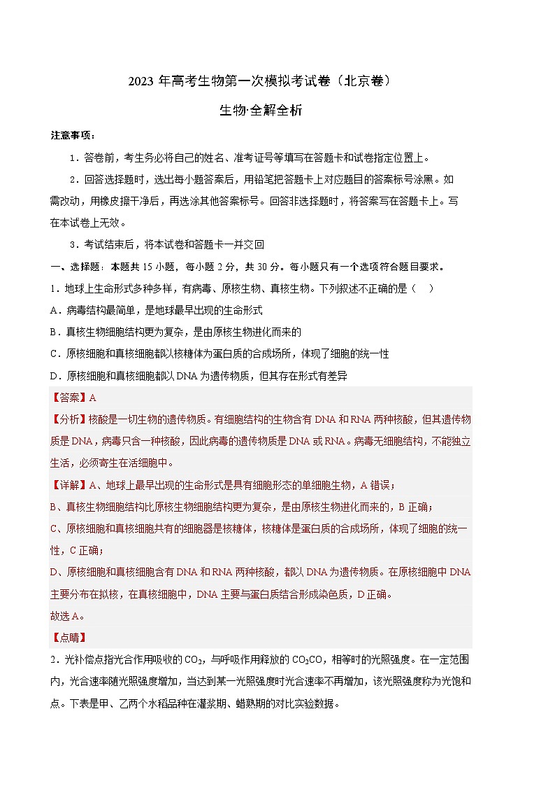 2023年高考第一次模拟考试卷：生物（北京A卷）（全解全析）01