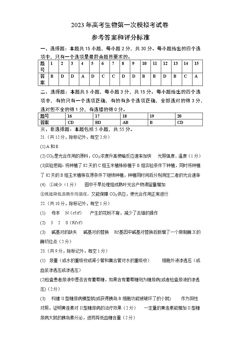 2023年高考第一次模拟考试卷：生物（山东A卷）（参考答案）第1页