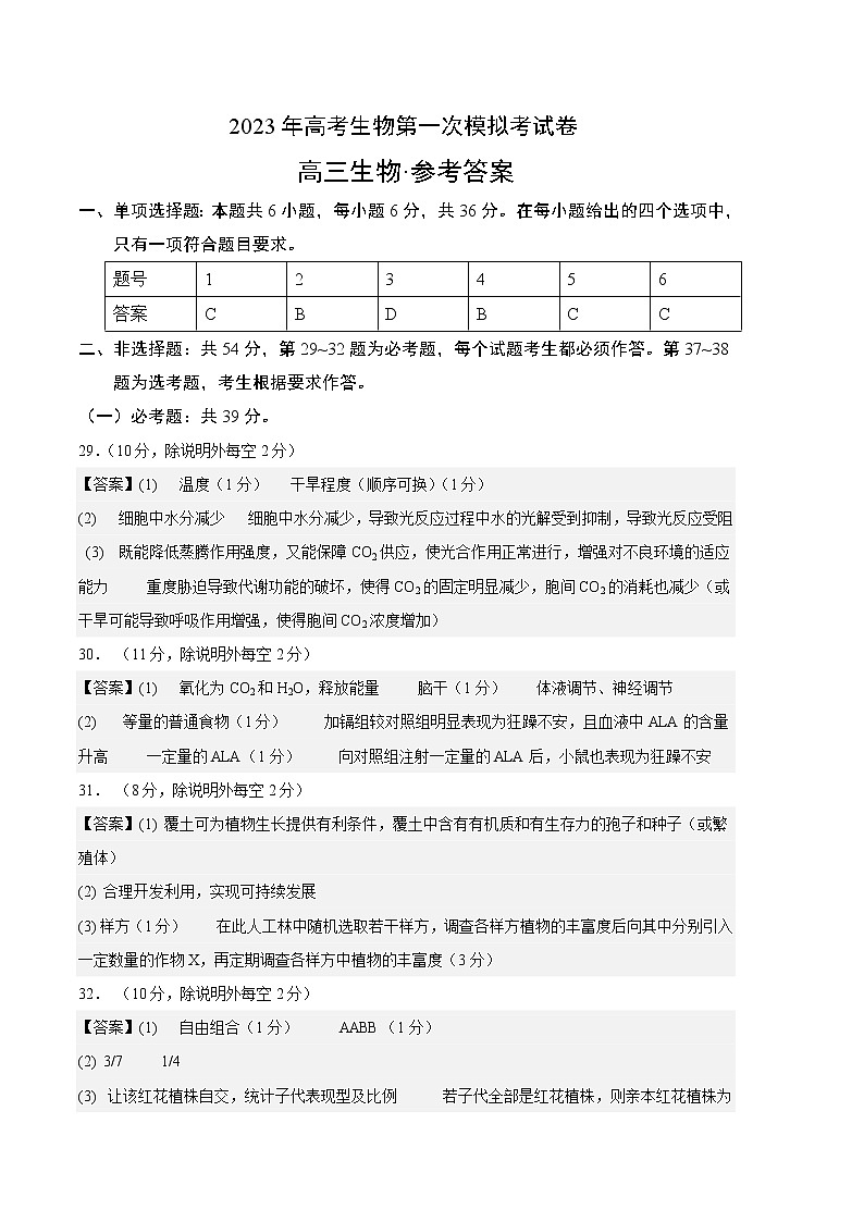 2023年高考第一次模拟考试卷：生物（全国乙卷）（参考答案）第1页